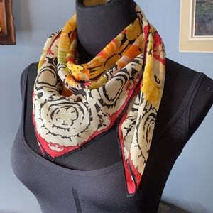 - Vintage Vera Studios Orange Yellow Red Flower Floral Print Silky Square Scarf
